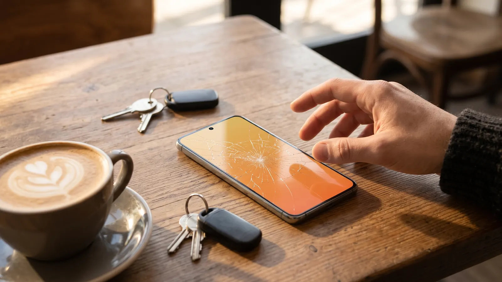 Phone with a cracked screen on a cafe table next to a coffee