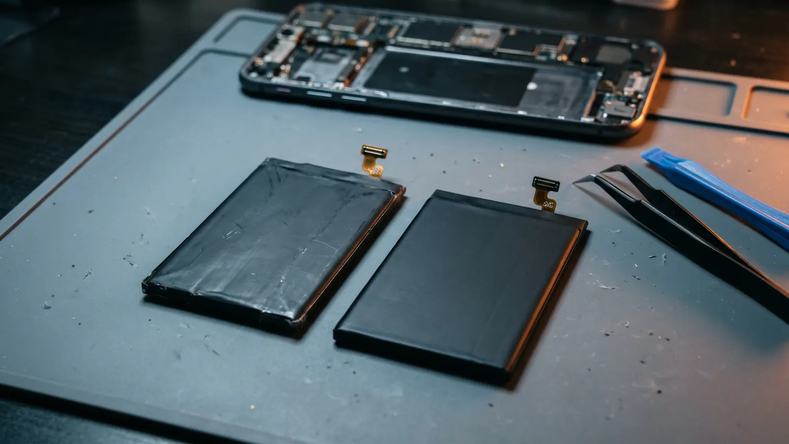 Old and new phone batteries side by side on a repair mat