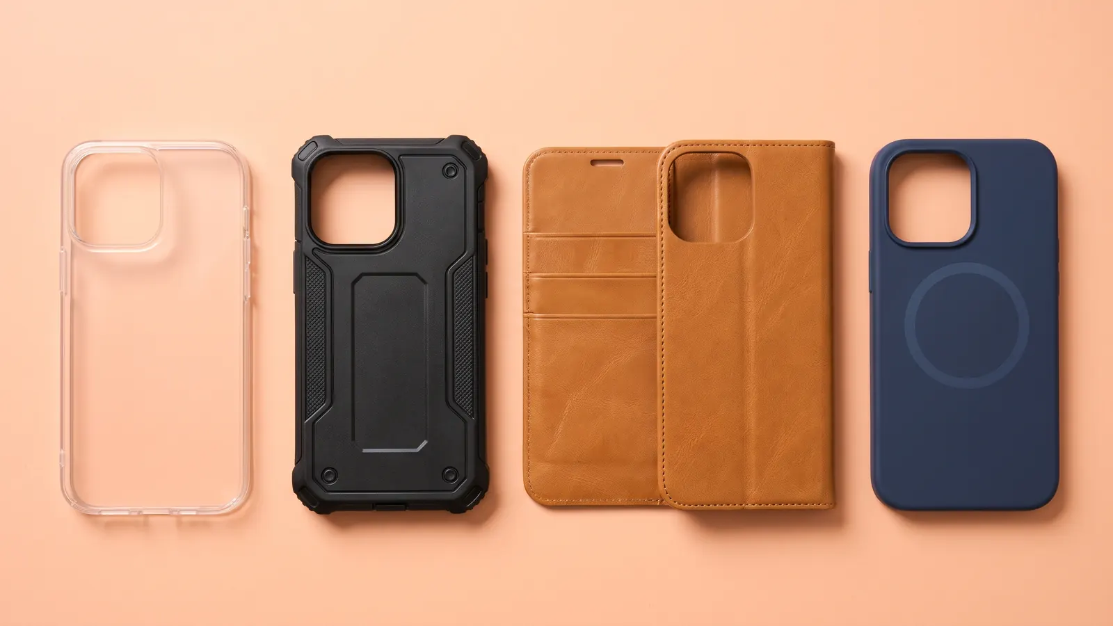 Clear, heavy-duty, leather wallet and magnetic silicone phone cases laid out side by side