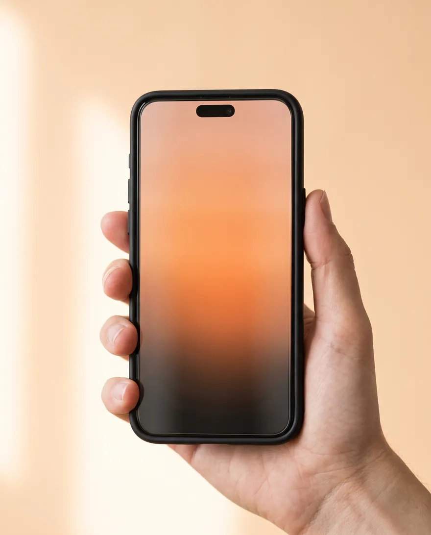 Phone in a slim black protective case with a glass screen protector