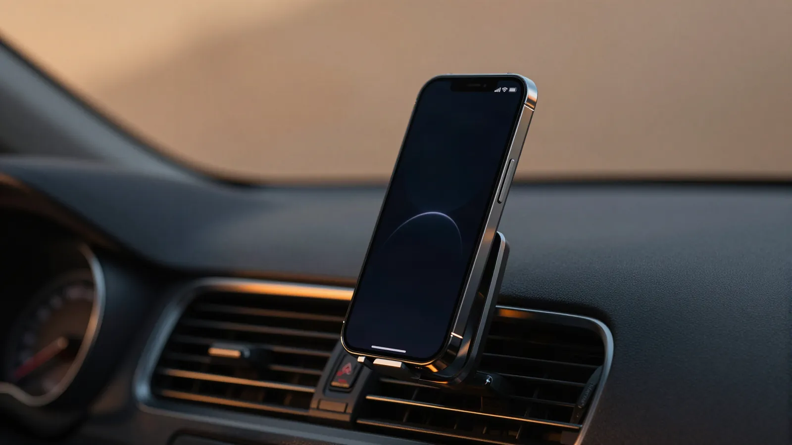 Phone held in a car mount on an air vent inside a dark car interior