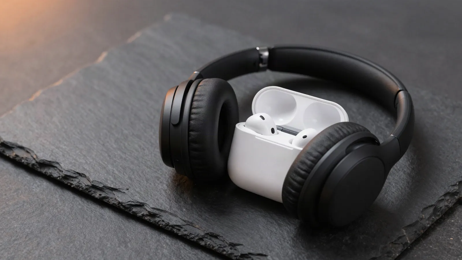 Over-ear wireless headphones and a pair of earbuds in an open case on dark stone