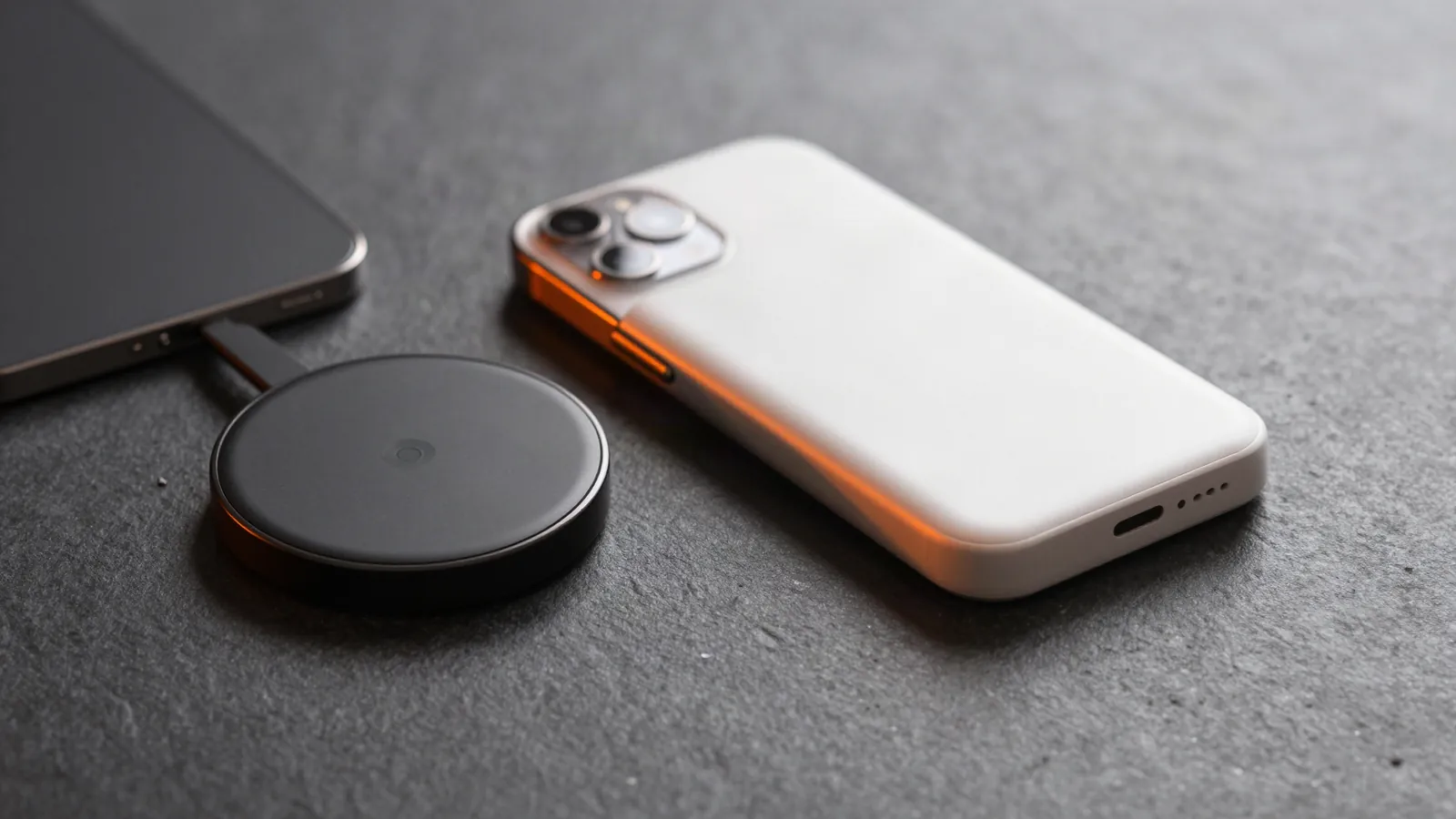 Magnetic wireless charging pad and slim power bank beside a phone on dark stone
