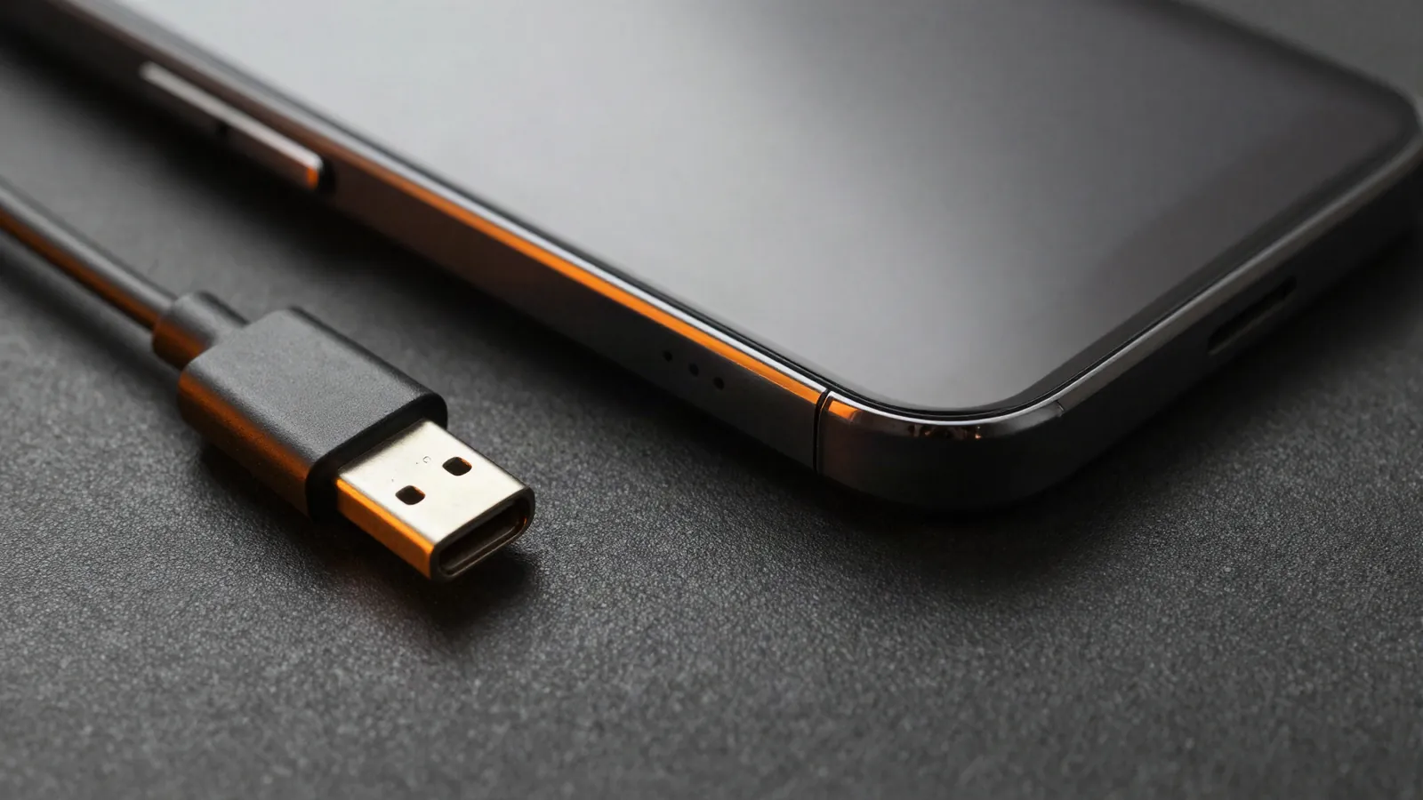 Phone lying on dark stone beside a charging cable