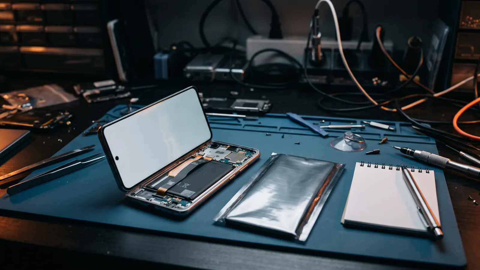 Android phone opened on a repair bench with a replacement screen ready