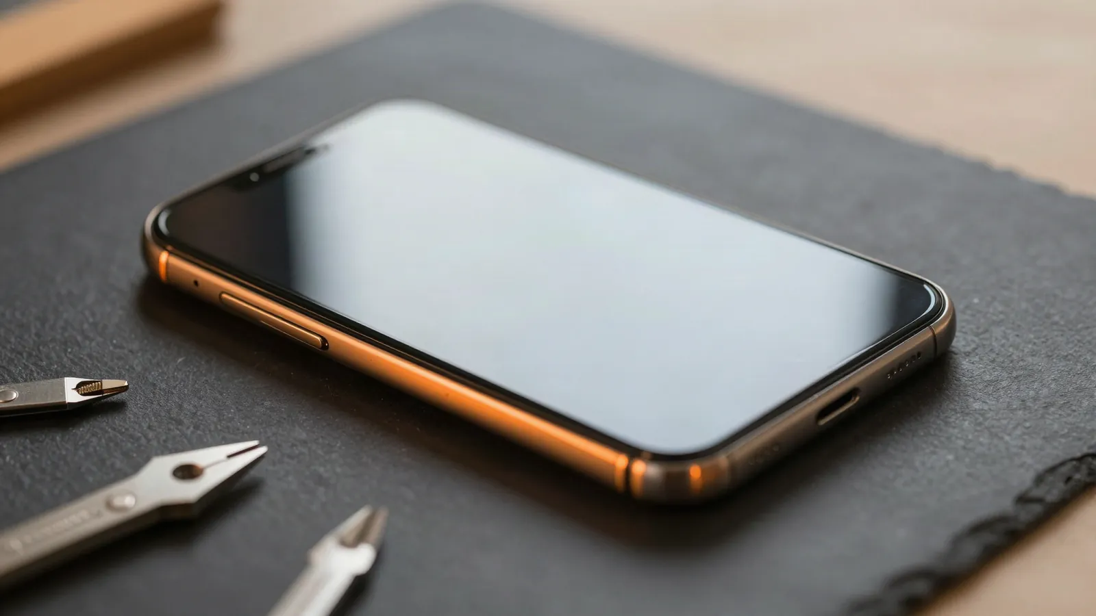 Phone on a slate repair mat beside precision repair tools