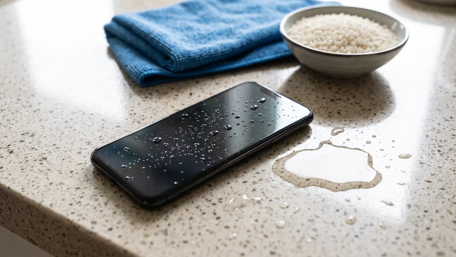 Wet phone on a kitchen bench beside spilled water, a towel and a bowl of rice
