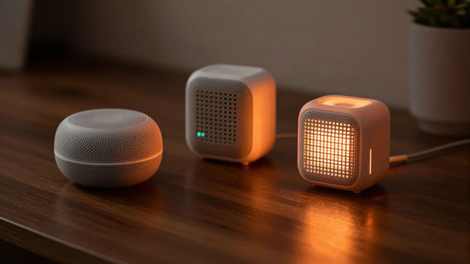 Compact Bluetooth speakers of different shapes on a dark desk with warm light