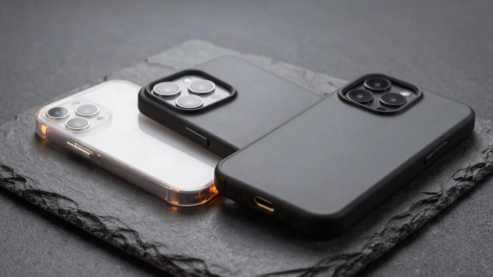 Clear and matte black phone cases side by side on dark stone