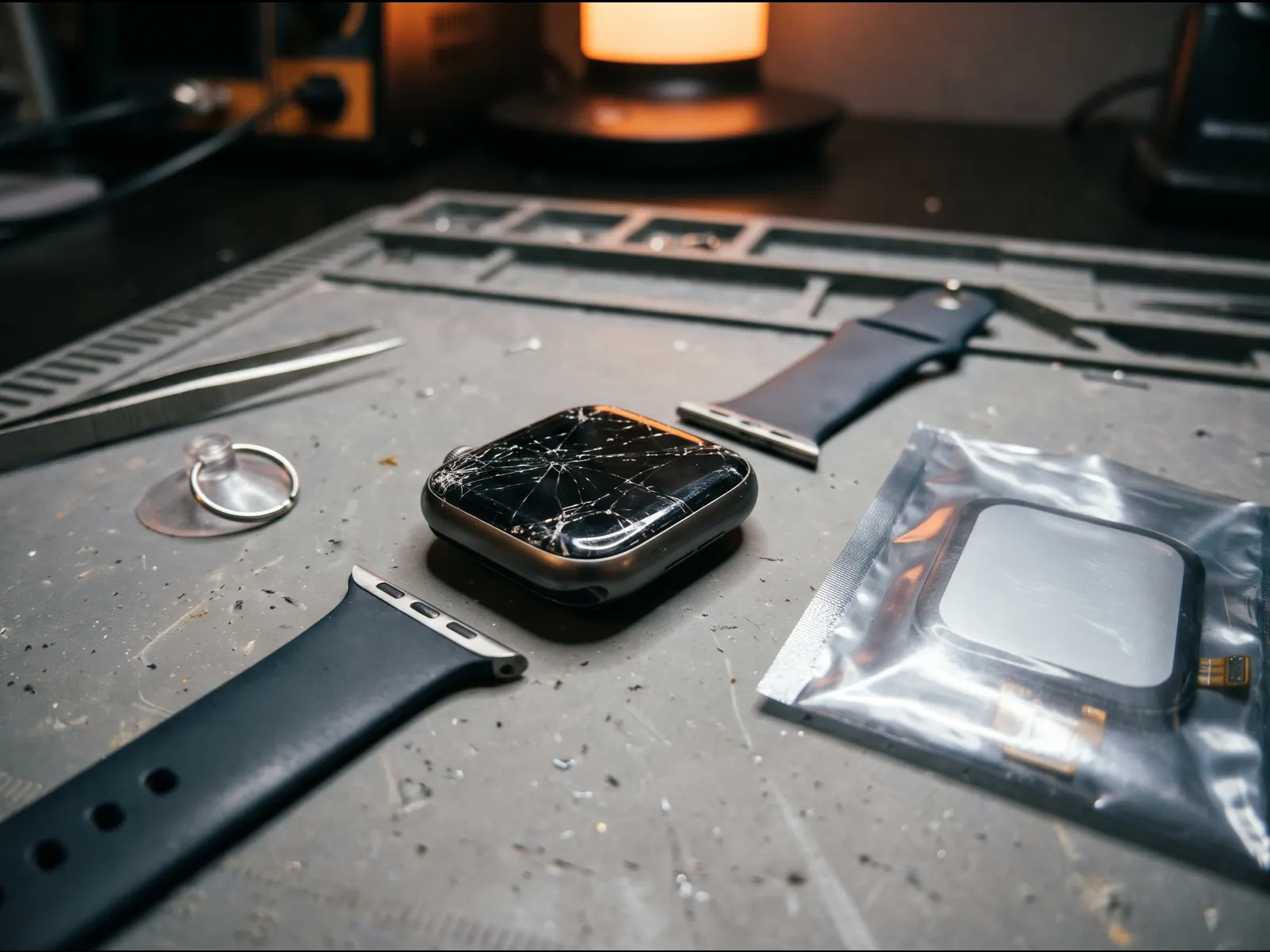 Smartwatch with a cracked screen on a repair mat beside a replacement display
