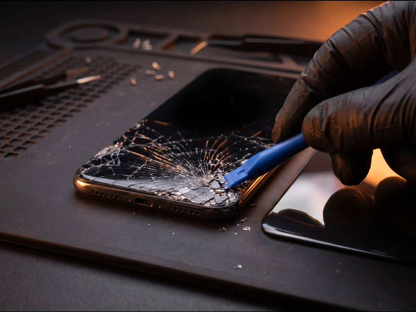 Shattered phone back glass being removed next to a new replacement panel