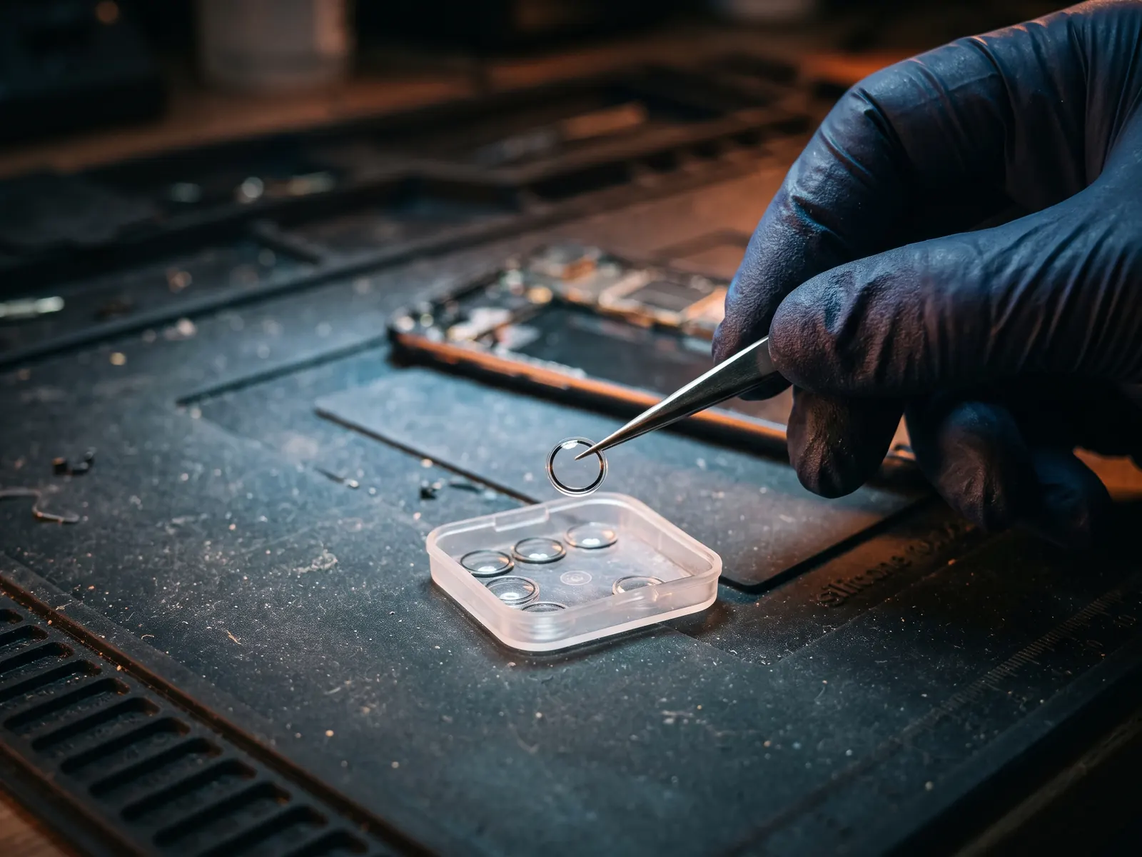 Cracked phone camera lens cover being replaced with tweezers