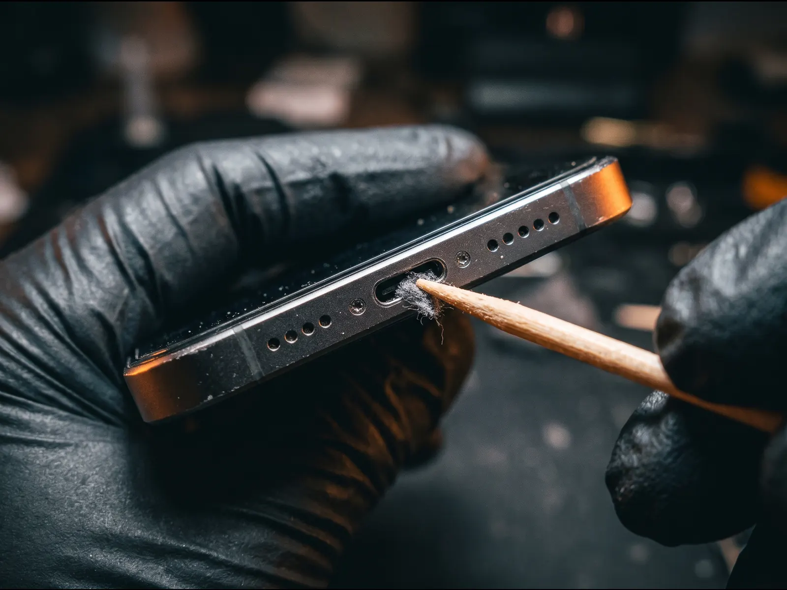 Technician cleaning lint out of a phone USB-C charging port