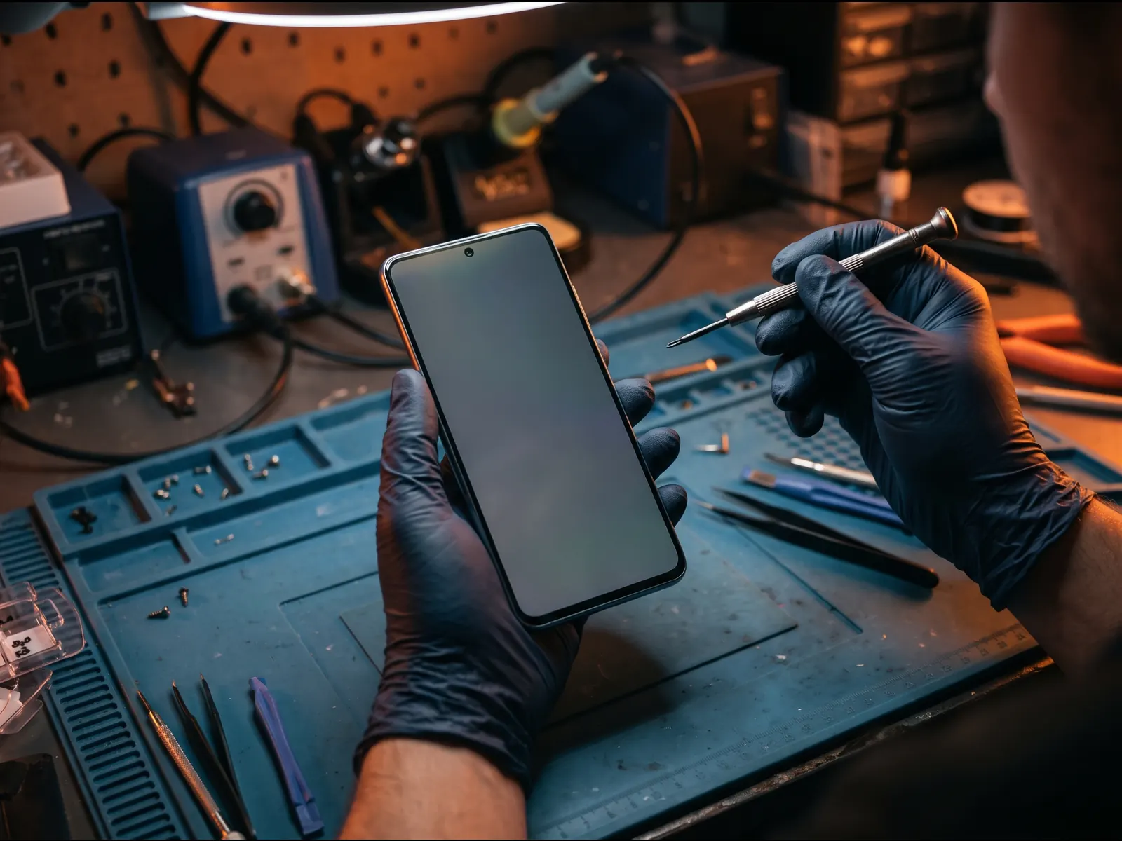 Technician testing a repaired Android phone screen at the repair bench