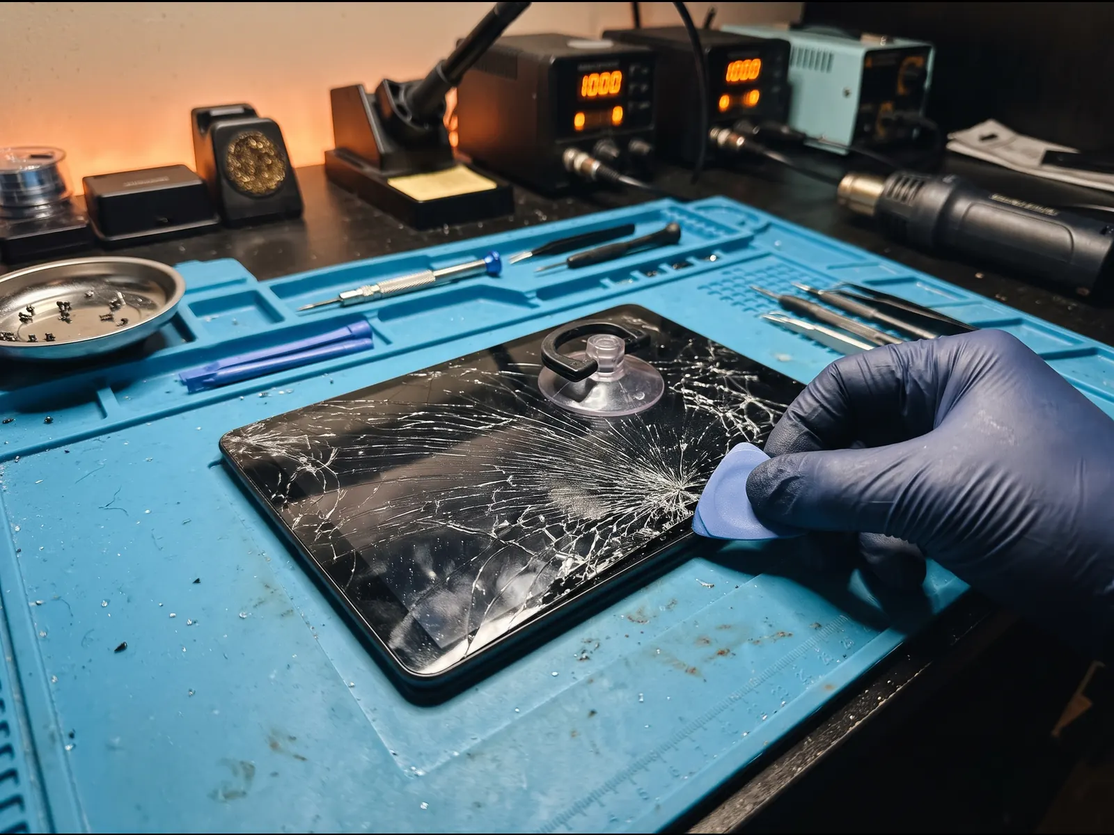 Tablet with a cracked screen on a heat mat while the glass is lifted off