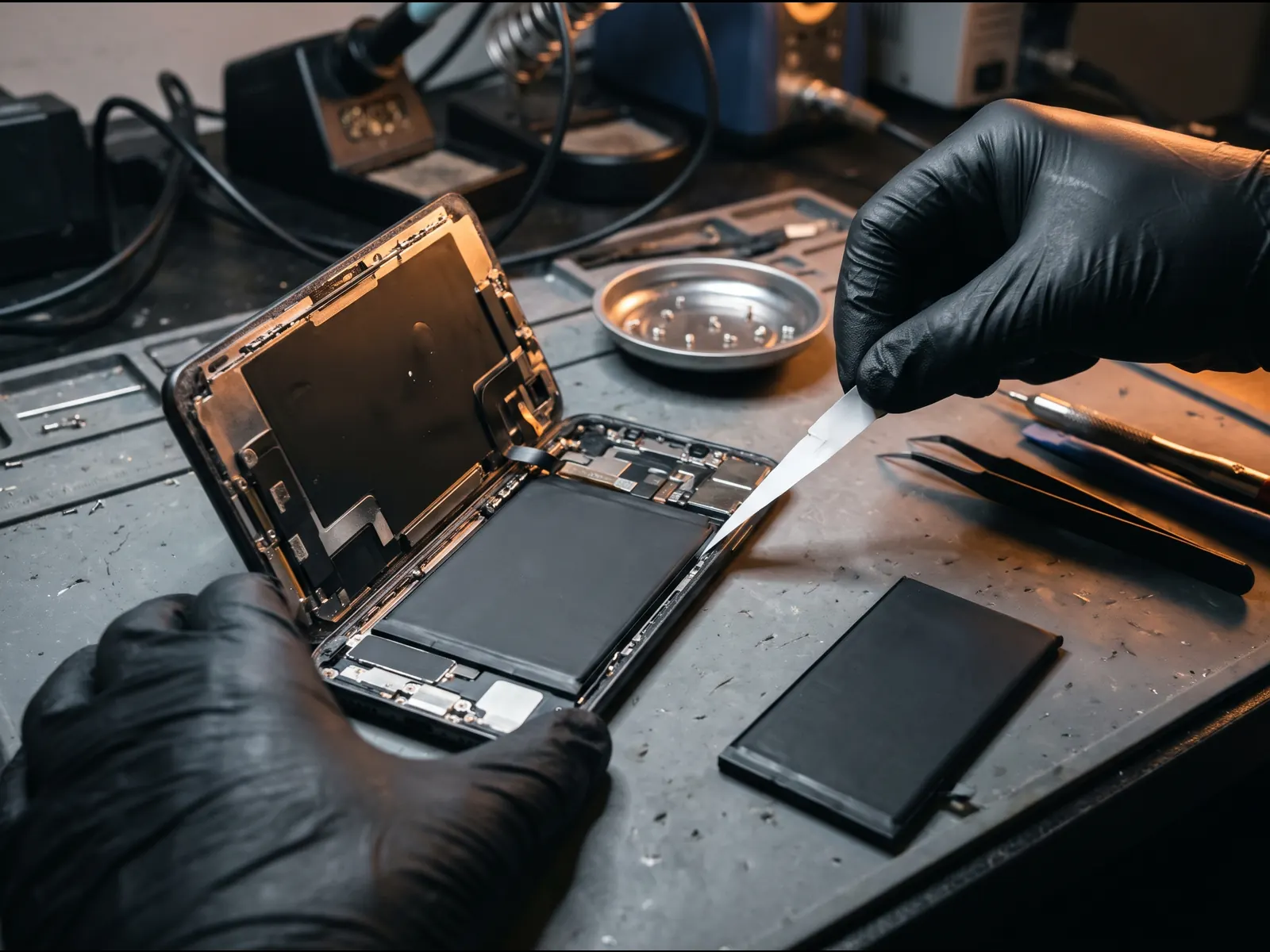 Opened phone with its old battery being removed and a new battery ready to fit