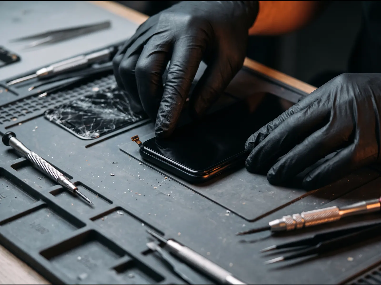 Technician fitting a new screen to a phone, with the cracked old screen beside it