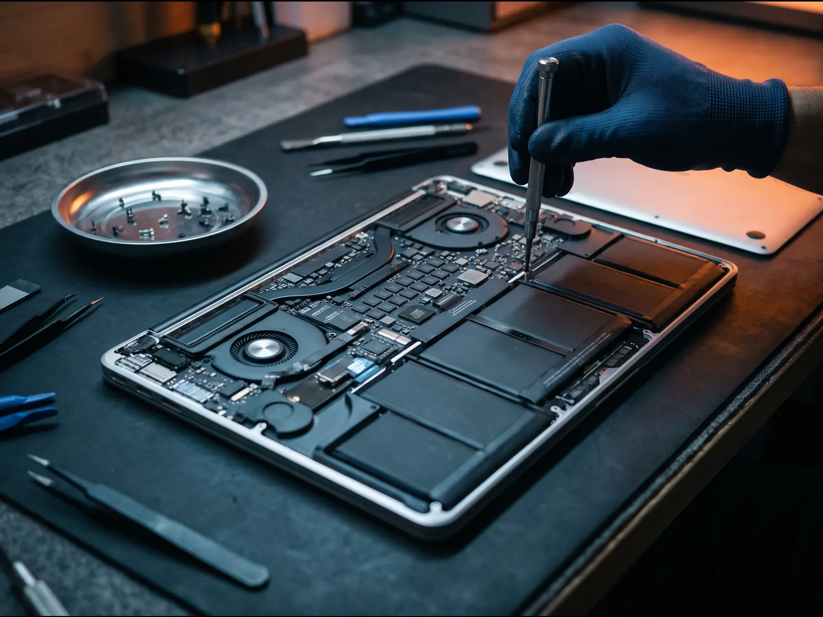 Laptop with its bottom panel removed showing the logic board and battery