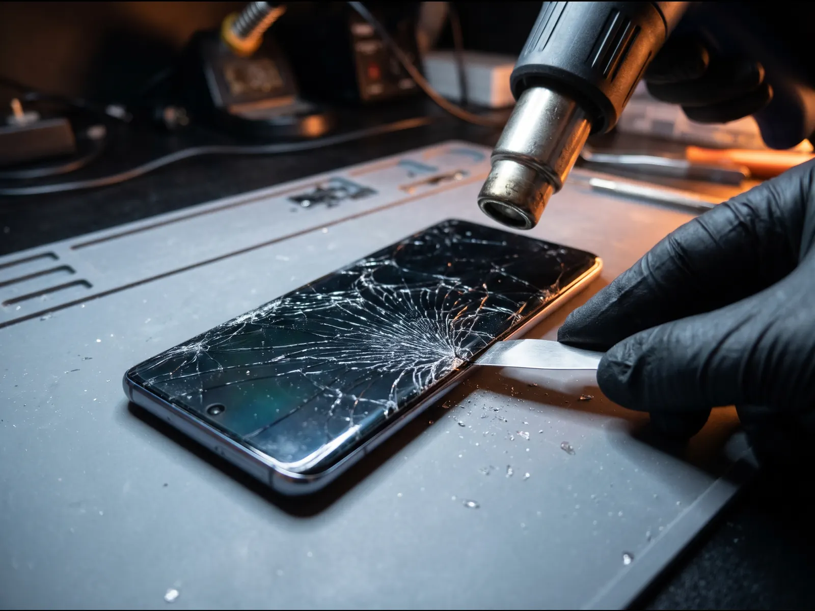 Technician loosening a shattered Android phone screen with a heat tool