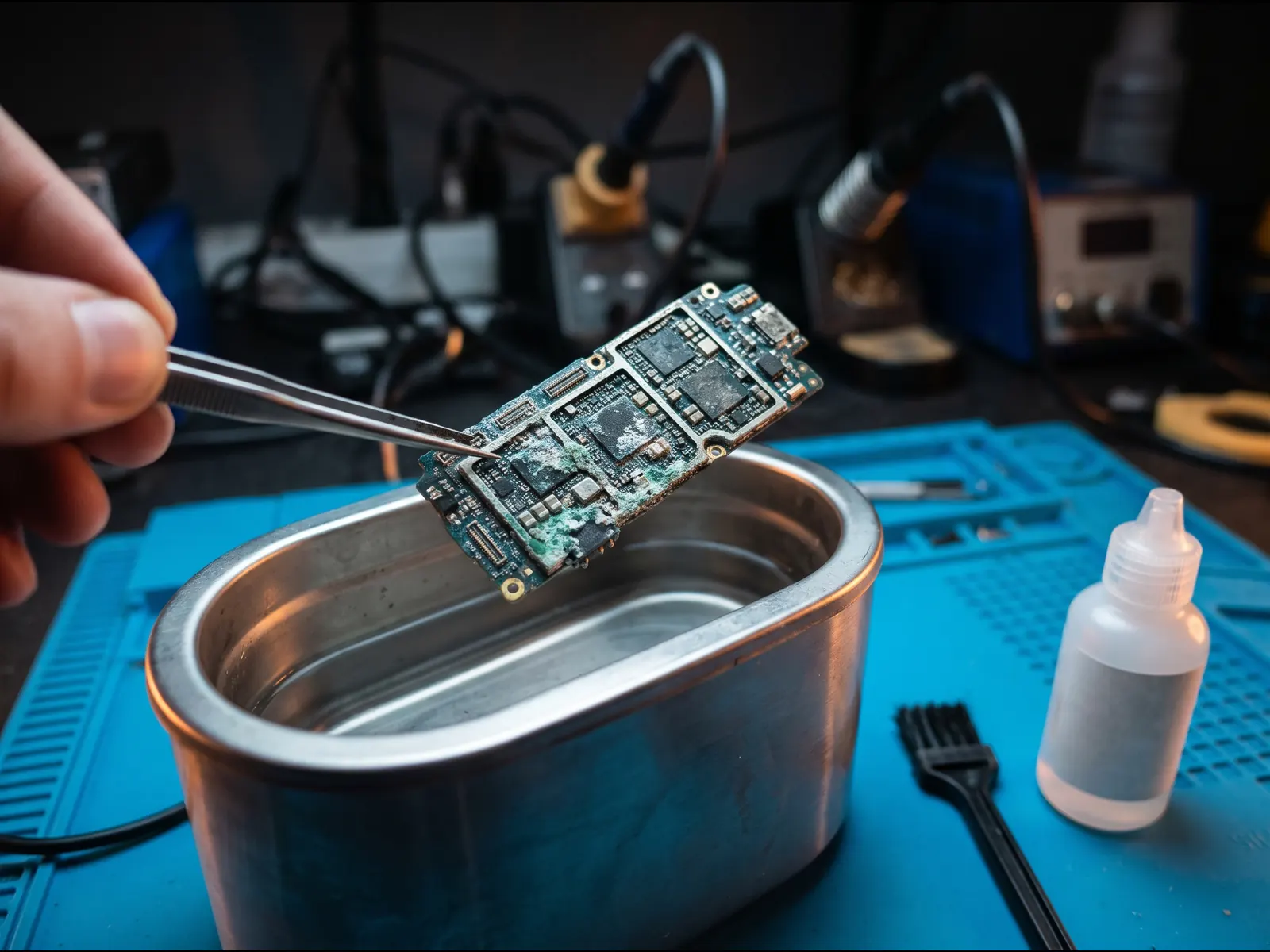Water-damaged phone circuit board with corrosion being cleaned